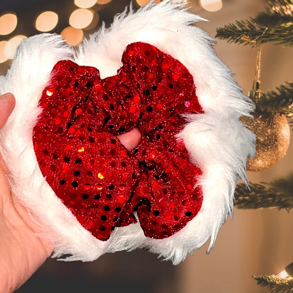 Santa Fur Sequence Scrunchie, Hair Accessory |Handmade Gift, Hair Tie, Stocking - Picture 7 of 13
